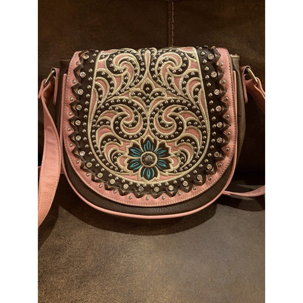 Montana West Pink Brown Western Crossbody Bag with Turquoise Accent - Picture 2 of 16